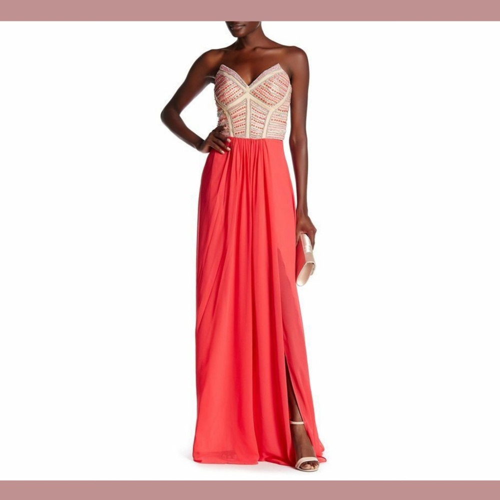 NWD TERANI COUTURE [SZ 2 ]‎ Beaded Bodice Strapless Gown in Nude/Coral